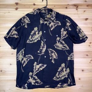 Vintage Tori Richard Shirt Mens Large Silk Hawaiian Black and Gold Button Up